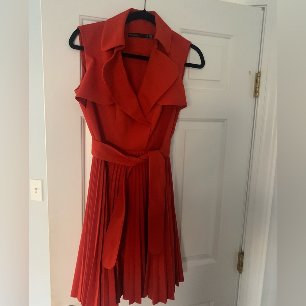 Karen Mullen women’s  6 orange belted dress pleated skirt, Sleeveless.